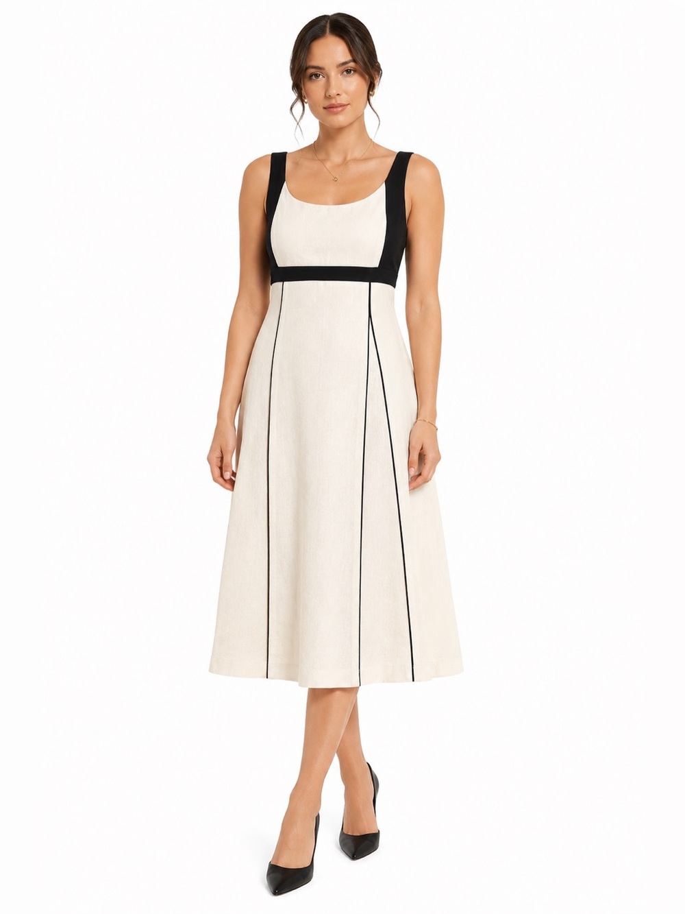 Yves Cossette Depeche Mode Linen Blend Black White Midi Dress Size 8